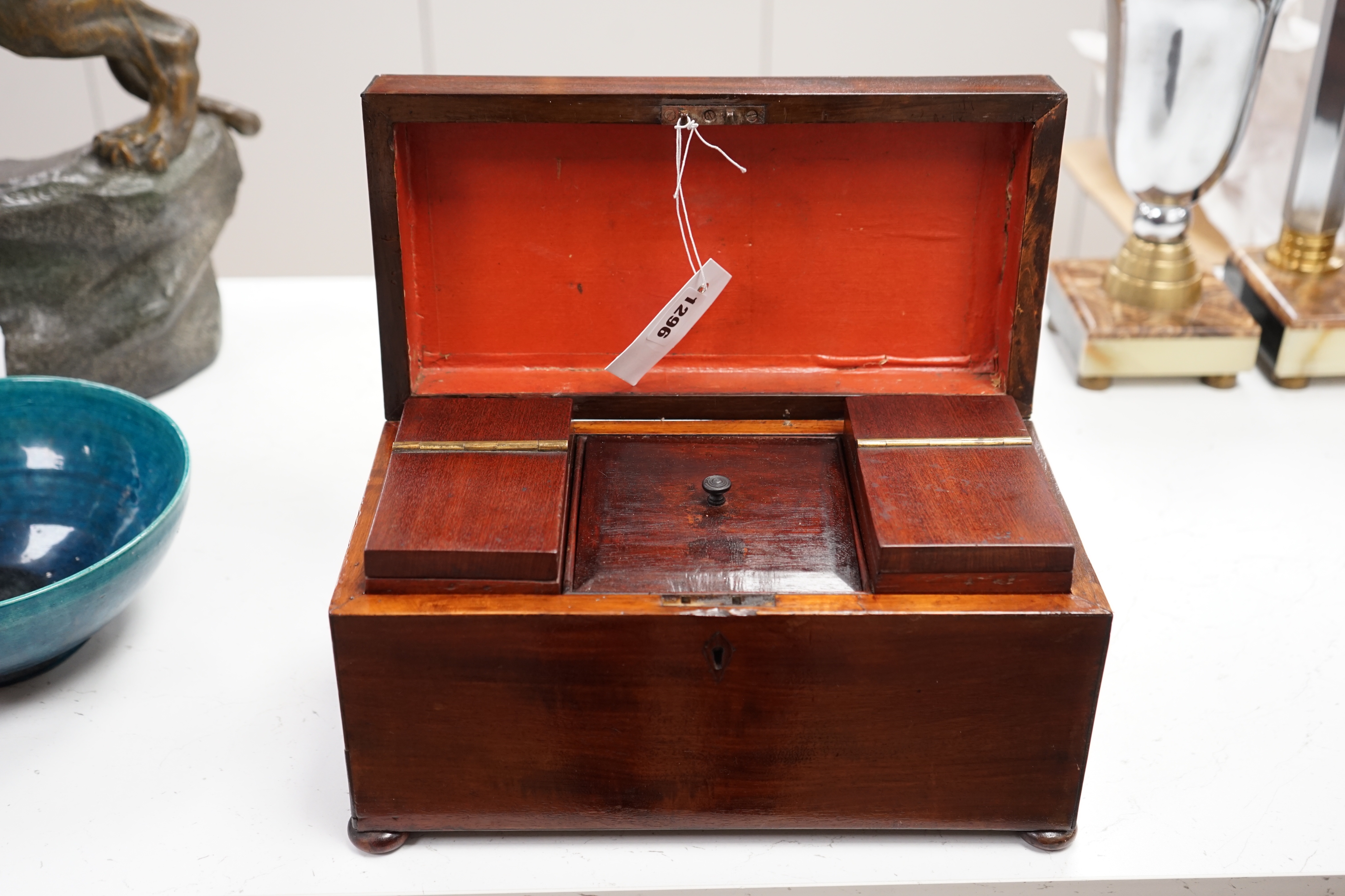 An early Victorian mahogany tea caddy and a jewellery casket, casket 37cm wide x 19cm high